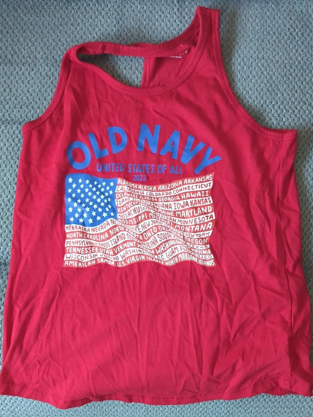 Old Navy Red Tank Top with Blue and White Flag Graphic